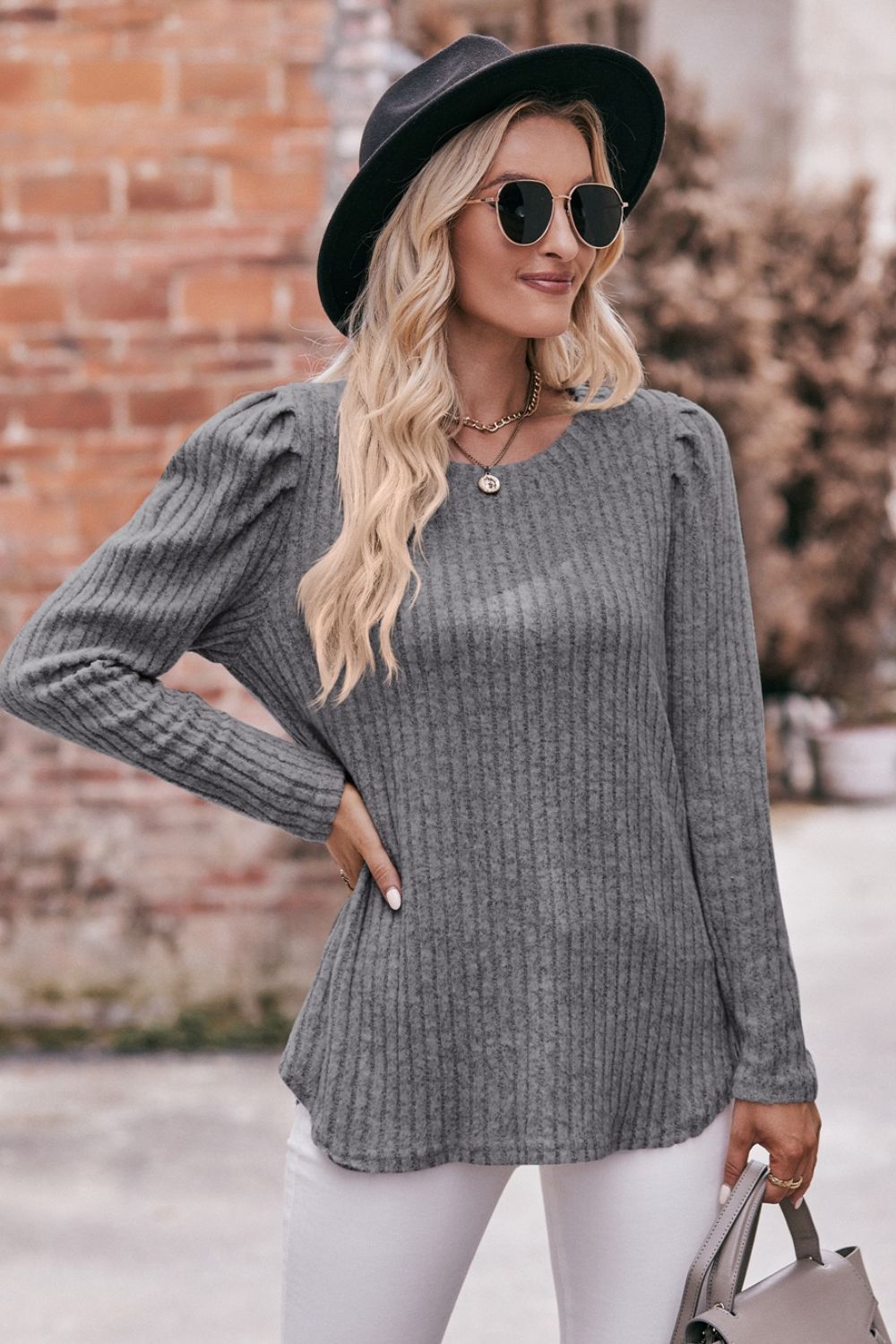 Mandy Round Neck Puff Sleeve Ribbed Top - Classique Collection