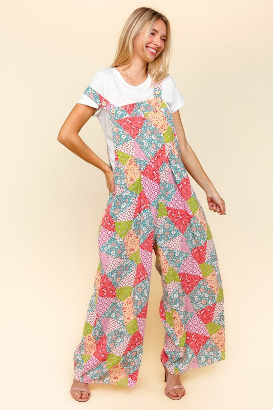Haptics Full Size Printed Wide Leg Overalls with Side Pockets - Classique Collection