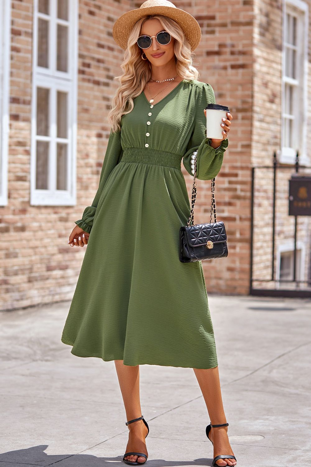 Smocked V-Neck Flounce Sleeve Midi Dress - Classique Collection