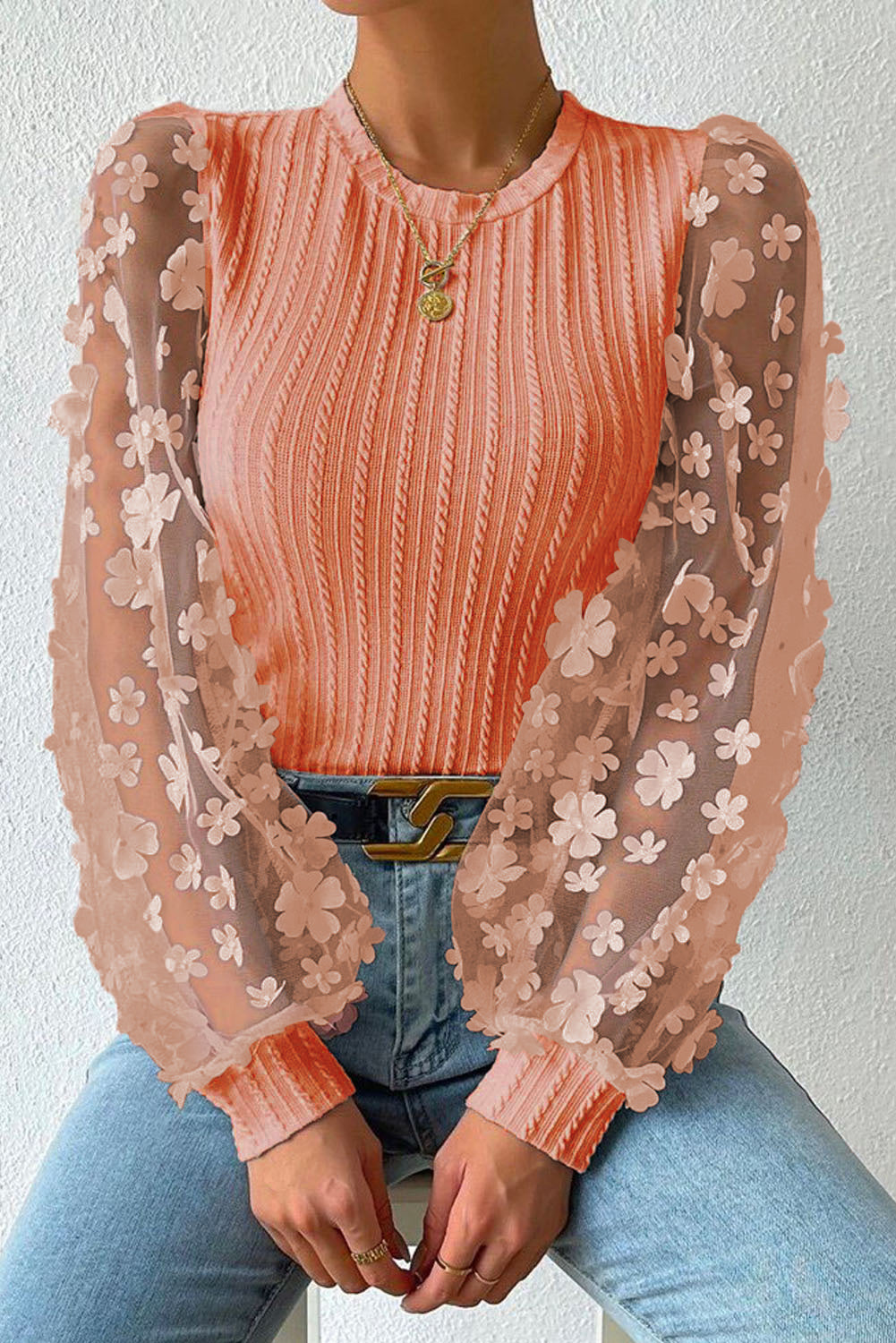 Textured Applique Long Sleeve Blouse - Classique Collection
