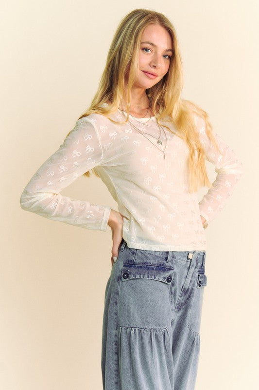 Davi & Dani Bow Mesh Round Neck Long Sleeve Top - Classique Collection