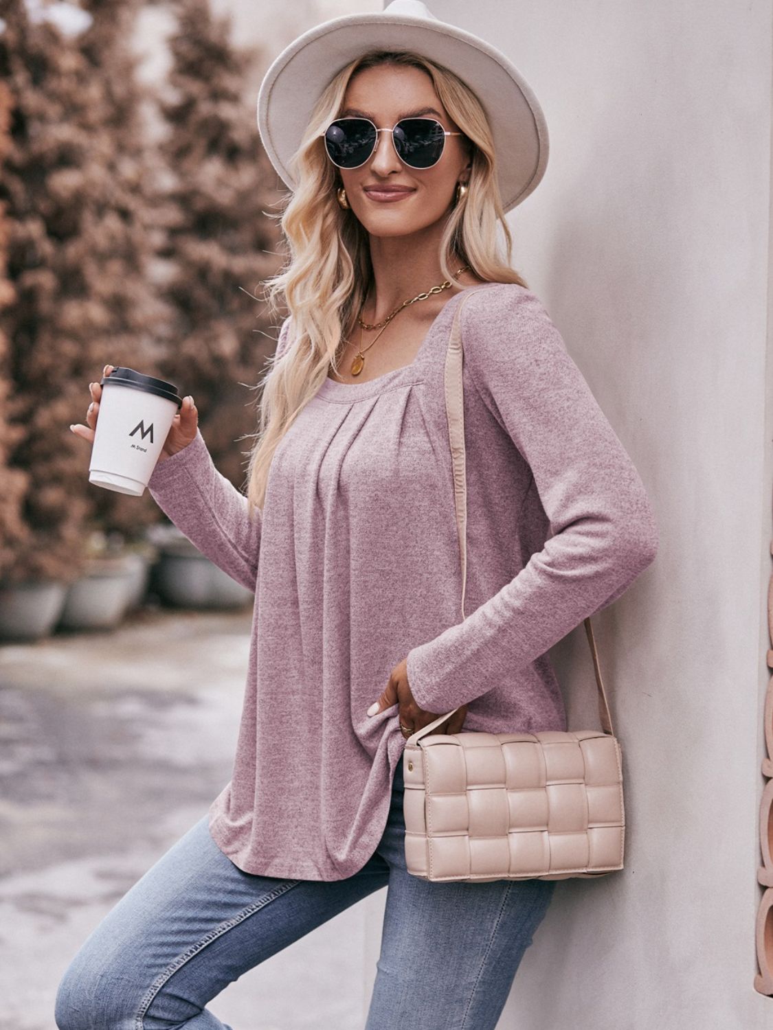 Mandy Pleated Detail Curved Hem Long Sleeve Top - ClassiQ