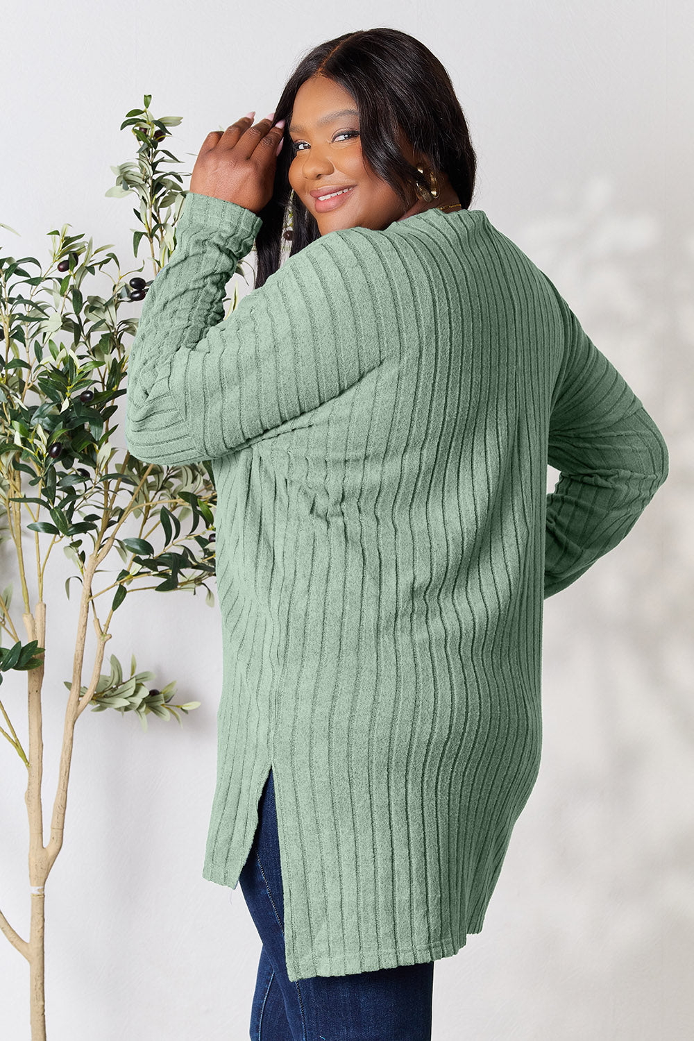 Basic Bae Full Size Ribbed Round Neck Long Sleeve Slit Top - Classique Collection