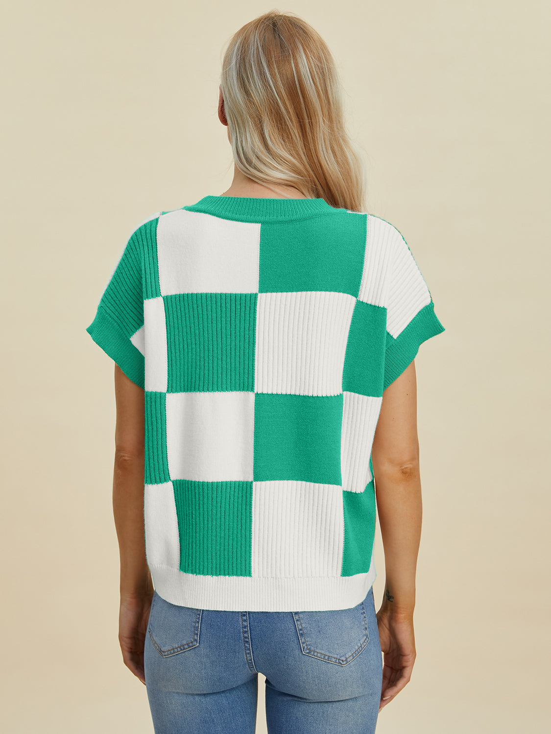 Double Take Full Size Checkered Round Neck Short Sleeve Sweater - ClassiQ
