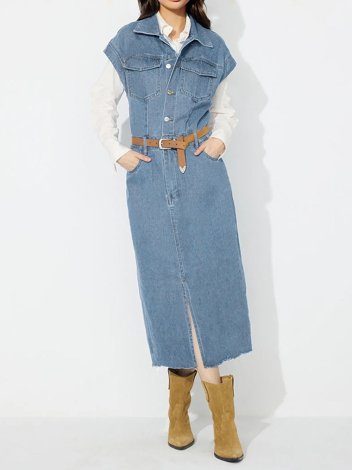 Slit Half Button Collared Neck Cap Sleeve Denim Dress - Classique Collection