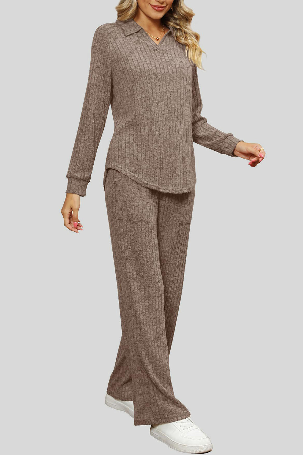 Ribbed Long Sleeve Top and Pocketed Pants Set - ClassiQ