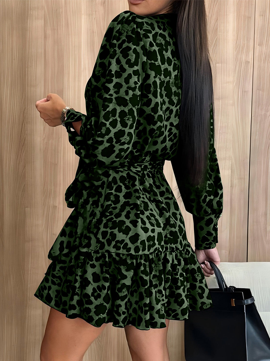 Tied Leopard Surplice Long Sleeve Dress - Classique Collection