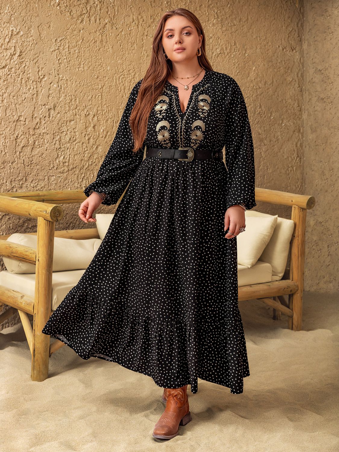 Plus Size Embroidered Polka Dot Notched Long Sleeve Dress - Classique Collection