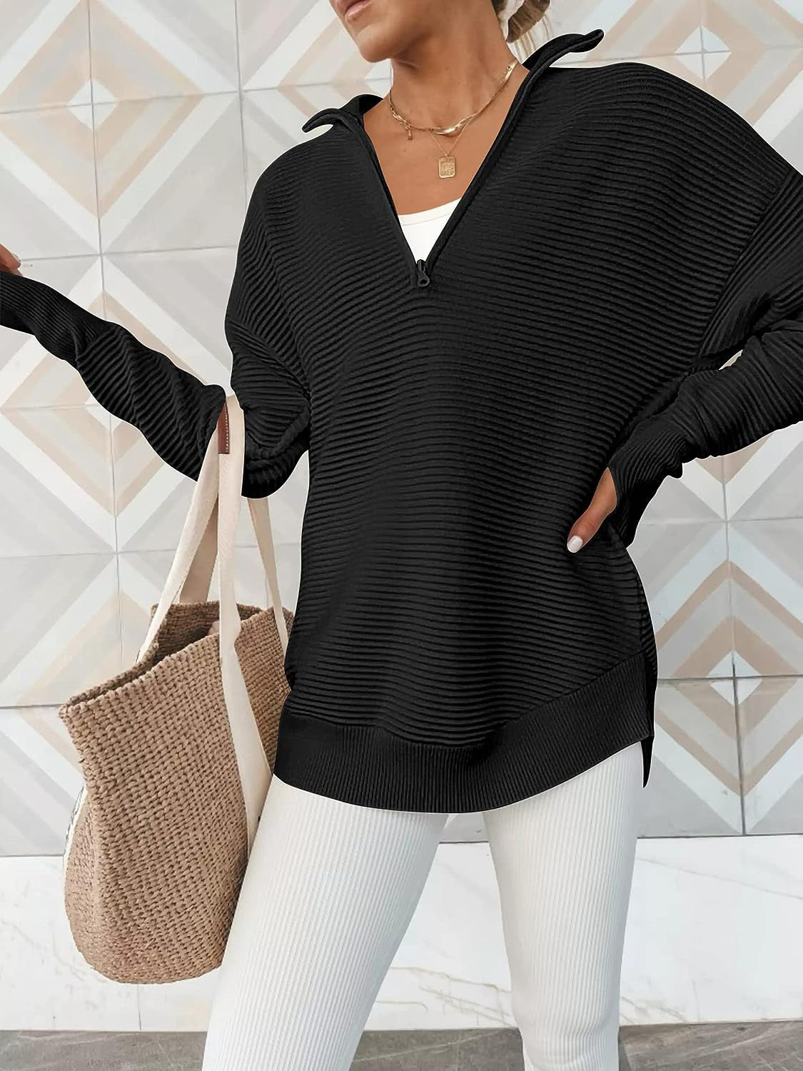 Half Zip Long Sleeve Knit Top - ClassiQ
