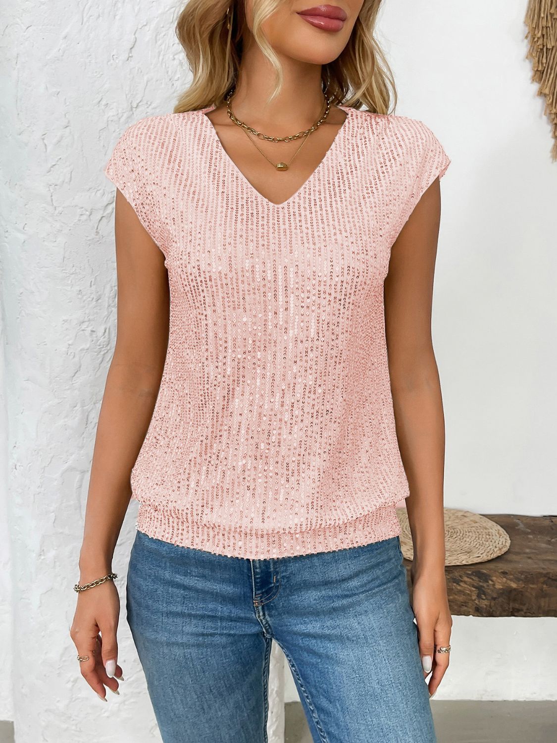 Sequin V-Neck Cap Sleeve Top - Classique Collection