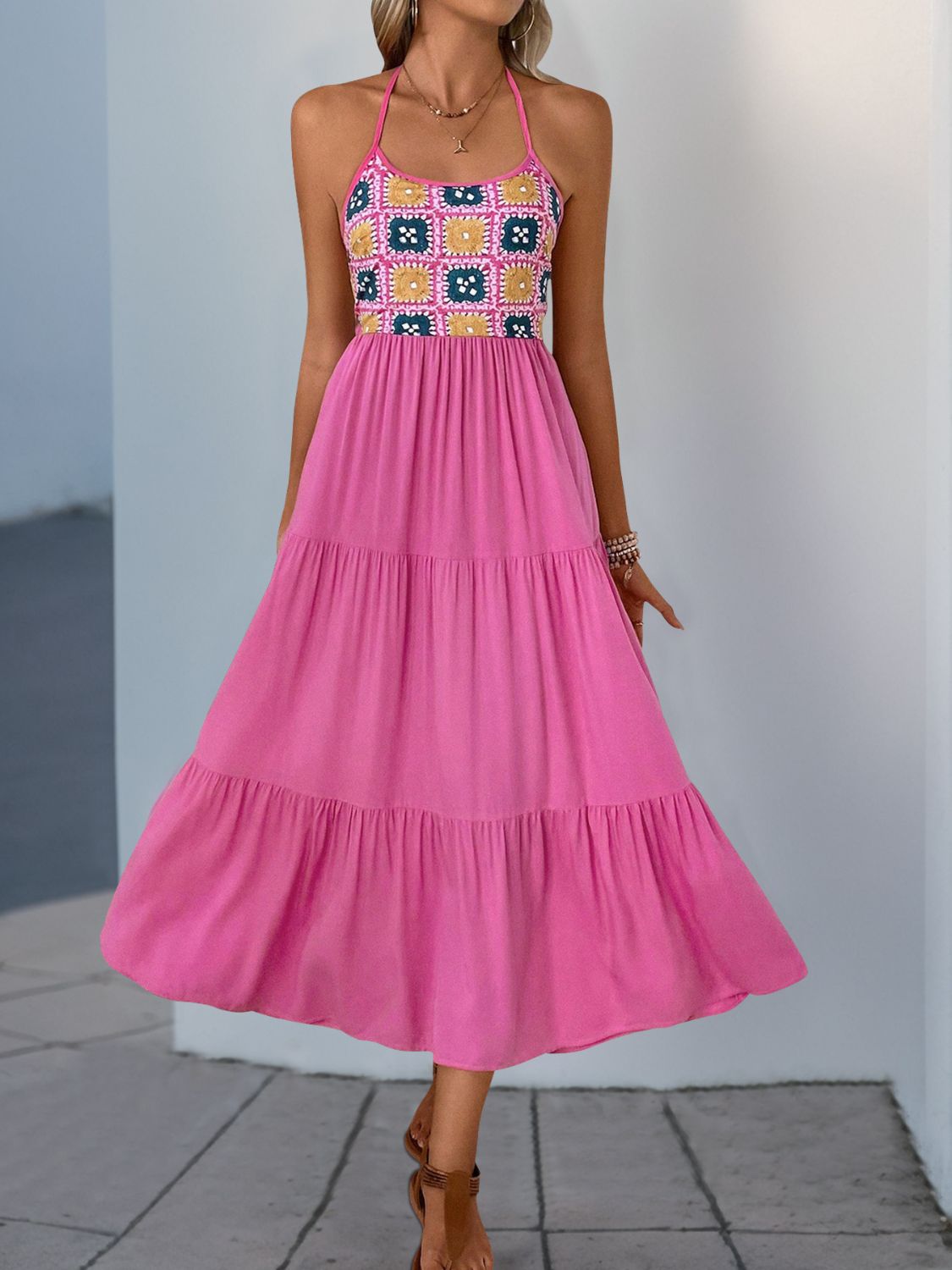 Perfee Printed Halter Neck Tiered Midi Dress - Classique Collection