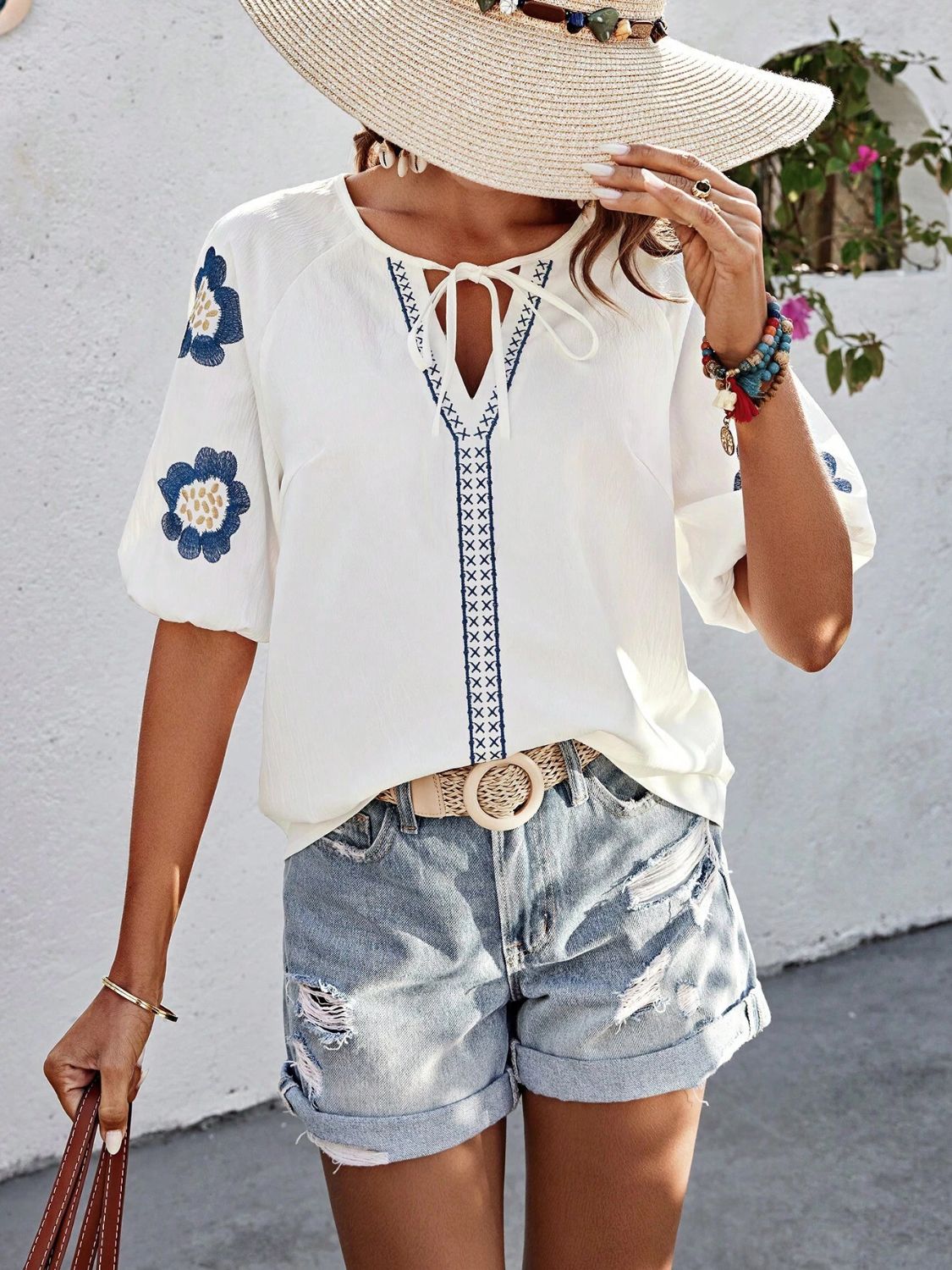 Embroidered Tie Neck Puff Sleeve Blouse - Classique Collection