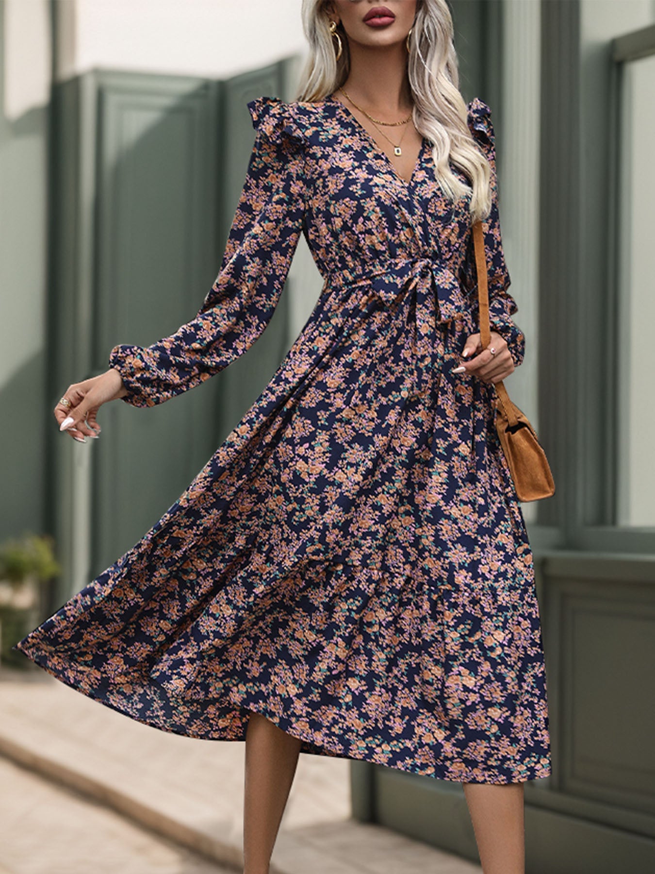 Perfee Printed Surplice Long Sleeve Midi Dress - Classique Collection