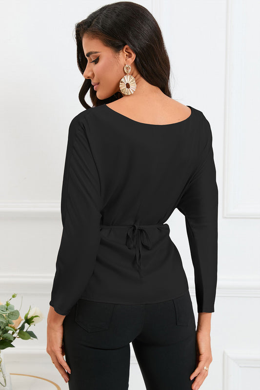 Boat Neck Back Tie Long Sleeve Satin Blouse - Classique Collection