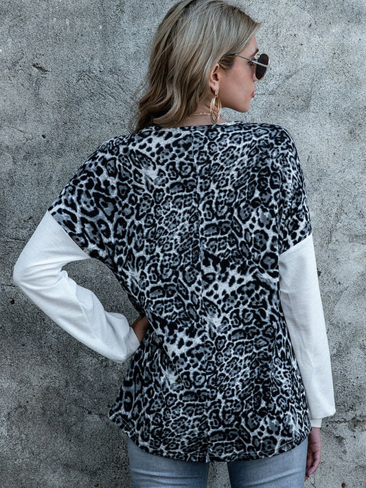Shiny Leopard Decorative Button V-Neck Top - Classique Collection