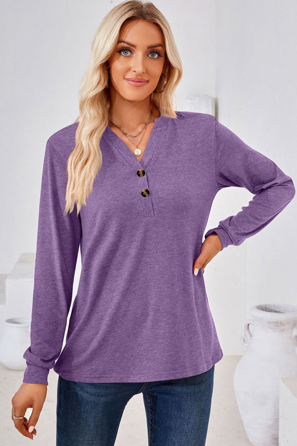 V-Neck Buttoned Long Sleeve Blouse - Classique Collection