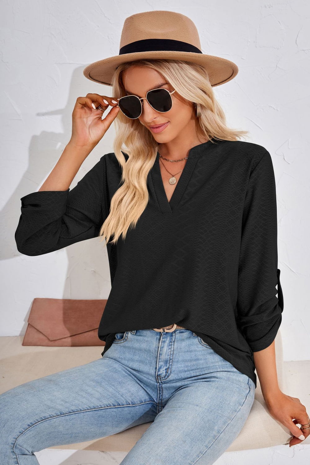 V-Neck Roll-Tap Sleeve Blouse - Classique Collection