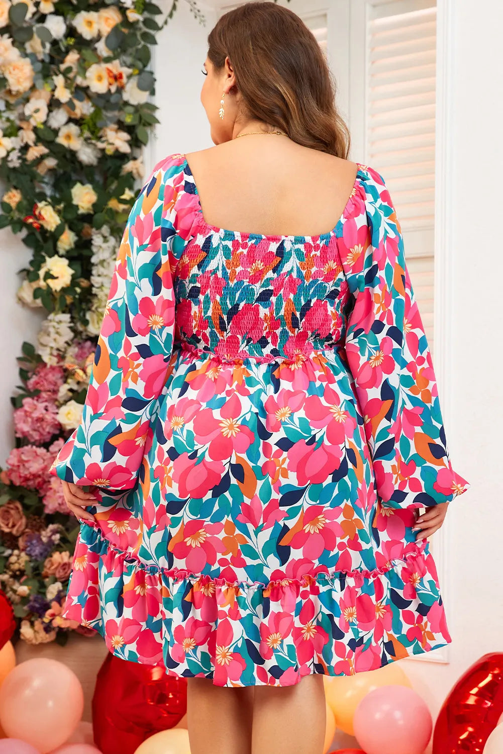 Plus Size Smocked Floral Square Neck Balloon Sleeve Dress - Classique Collection