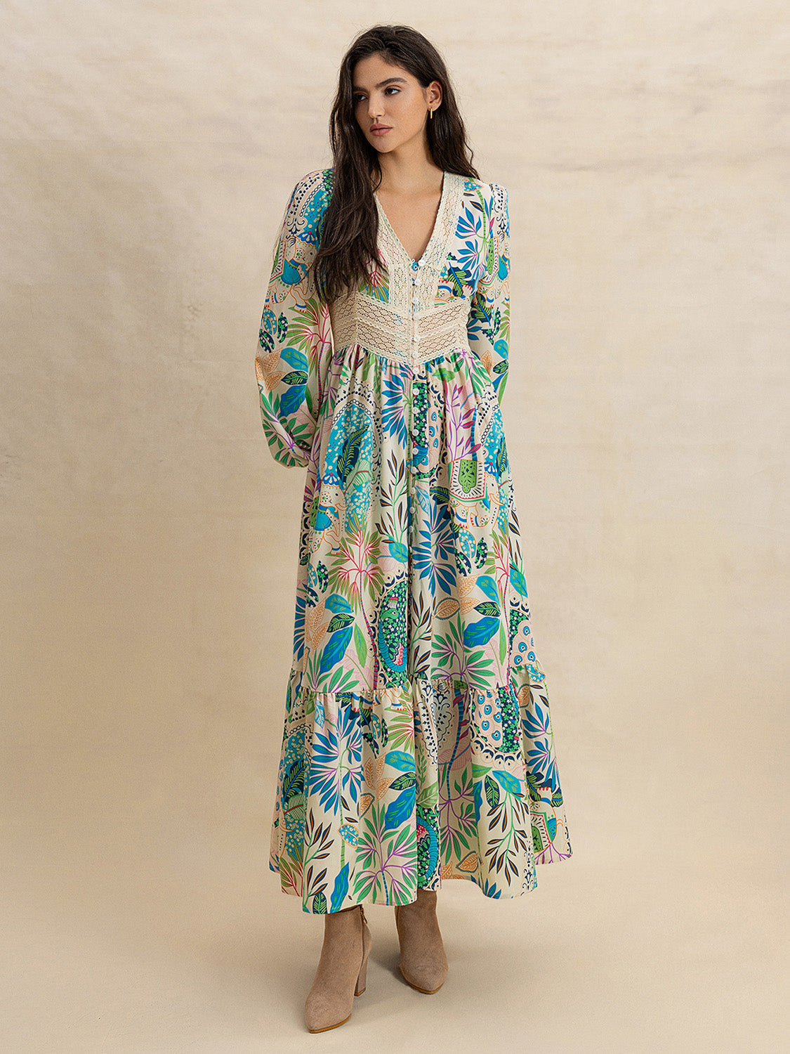 Slit Printed V-Neck Long Sleeve Midi Dress - Classique Collection