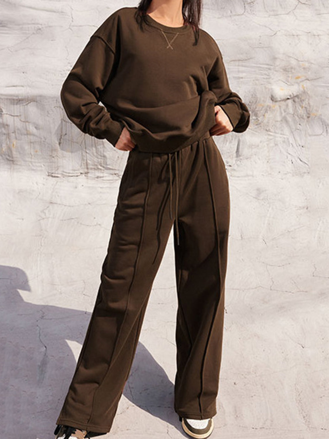 Round Neck Long Sleeve Top and Elastic Waist Pants Set - ClassiQ