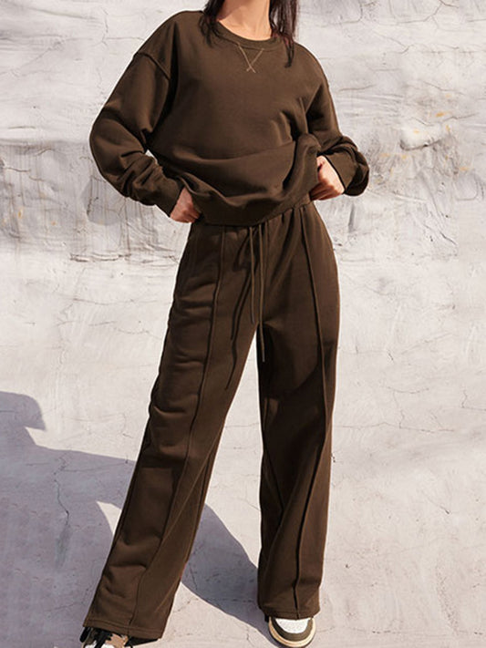 Round Neck Long Sleeve Top and Elastic Waist Pants Set - ClassiQ