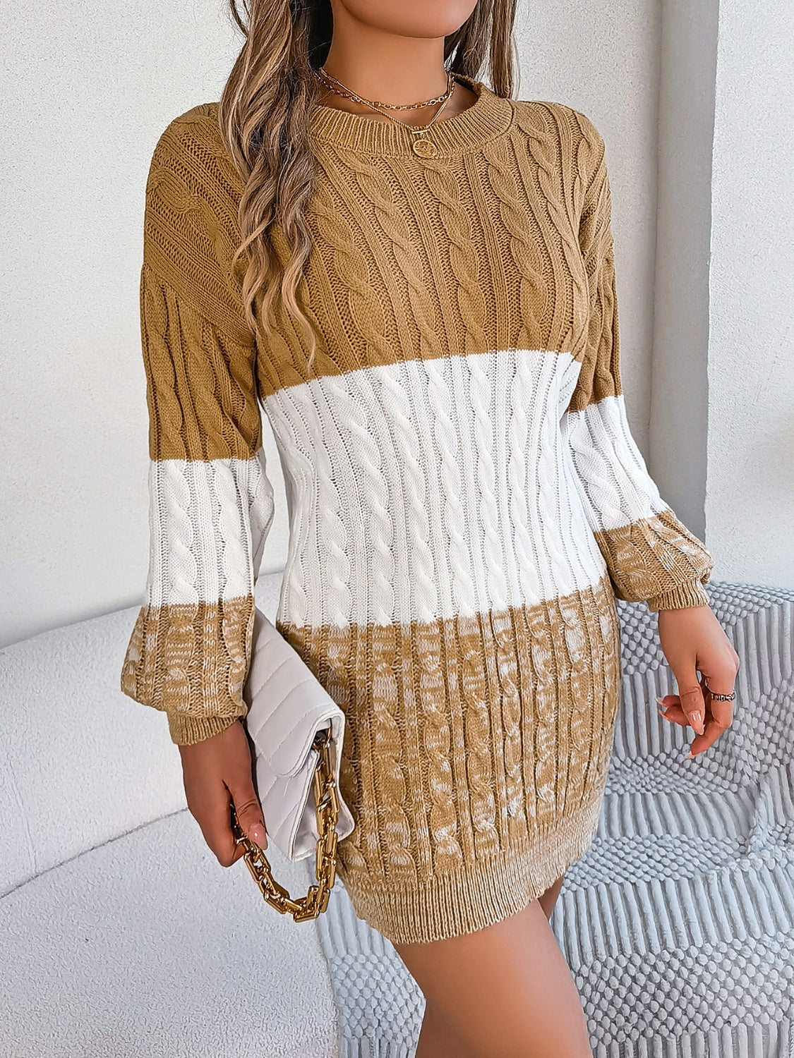 Cable-Knit Round Neck Color Block Sweater Dress - Classique Collection