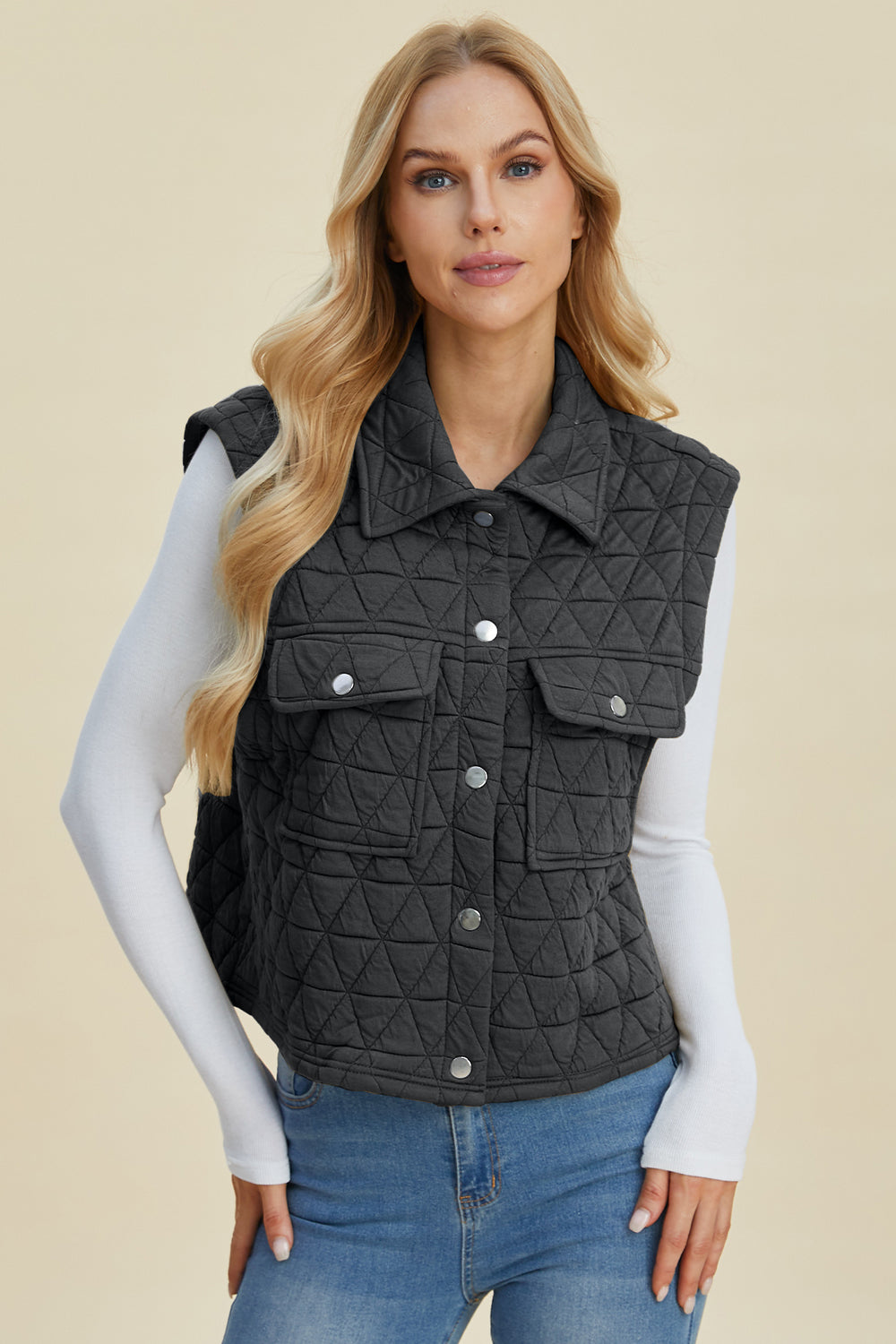 Double Take Full Size Pocketed Texture Snap Down Vest Coat - Classique Collection