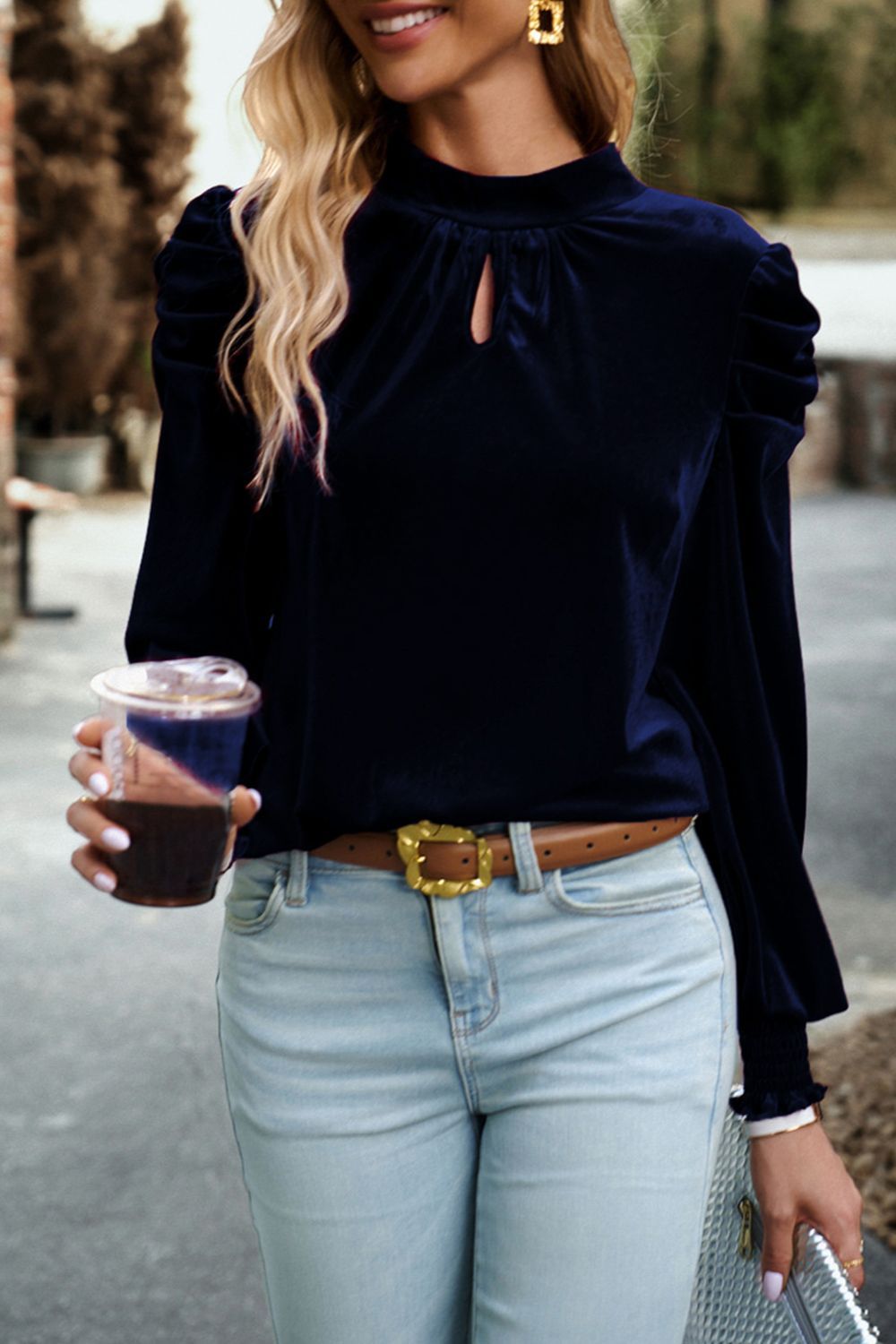 Tie Up Mock Neck Velvet Fabric Long Sleeve Blouse - Classique Collection