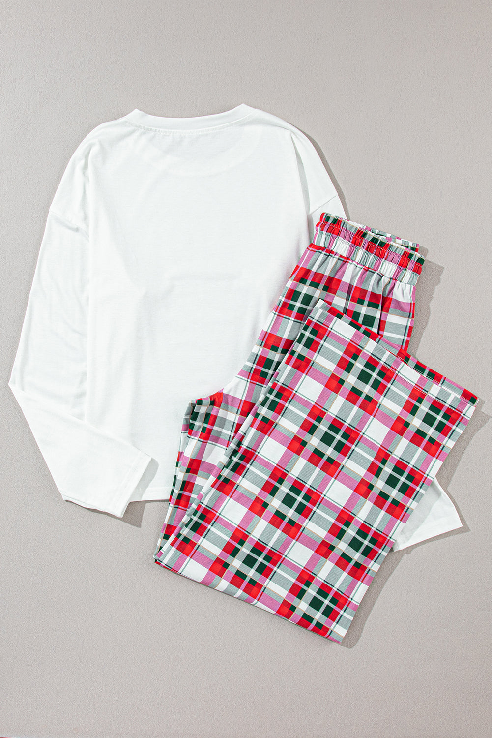 MERRY CHRISTMAS Round Neck Top and Plaid Pants Set - ClassiQ