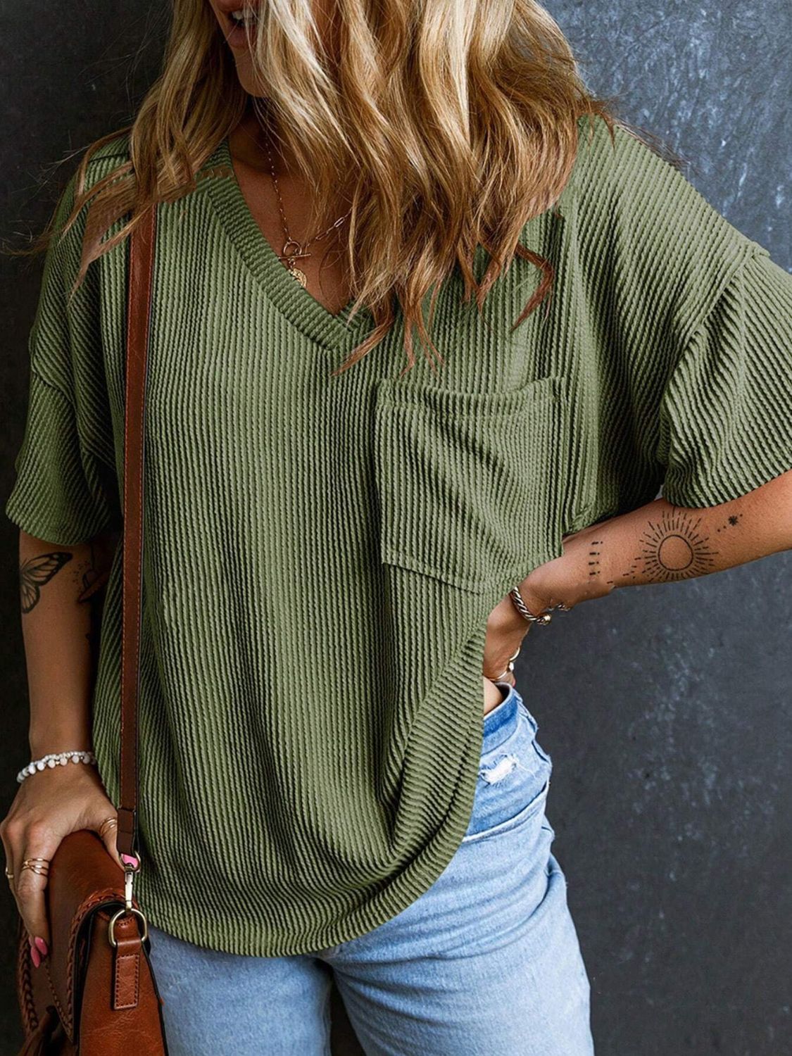 Textured V-Neck Half Sleeve T-Shirt - Classique Collection