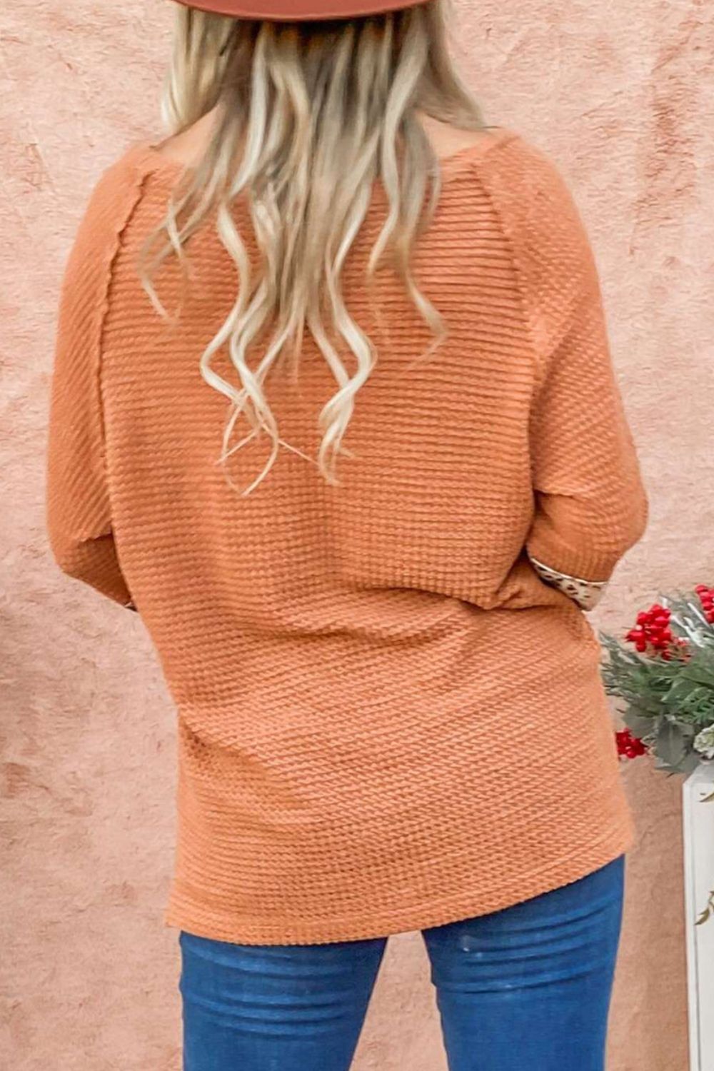 Waffle-Knit Leopard Long Sleeve Slit Blouse - Classique Collection