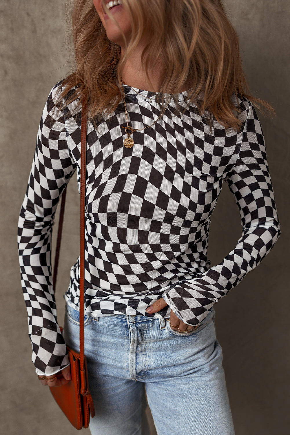 Black Checkered Pattern Mesh Mock Neck Long Sleeve Top ClassiQ
