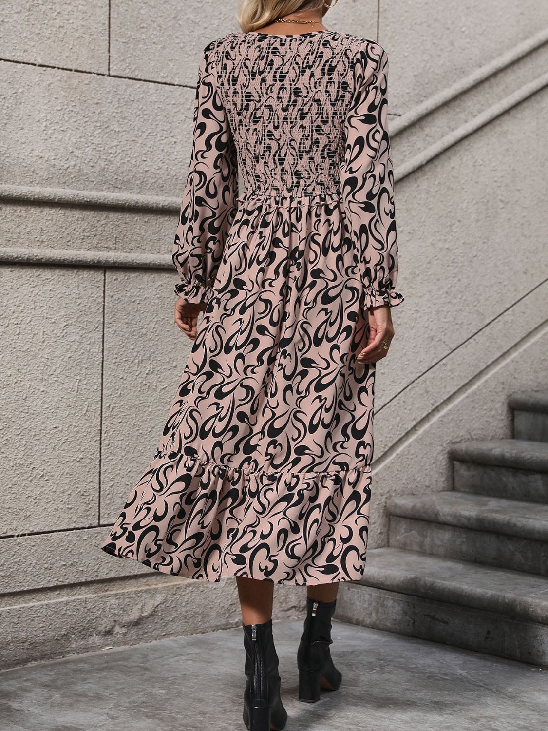 Perfee Printed V-Neck Long Sleeve Midi Dress - Classique Collection