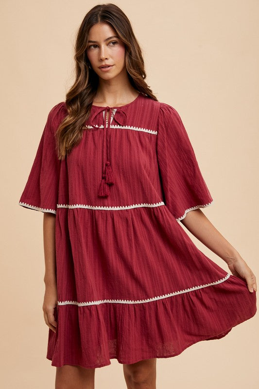 Annie Wear Tassel Contrast Trim Tie Neck Half Sleeve Tiered Dress - ClassiQ