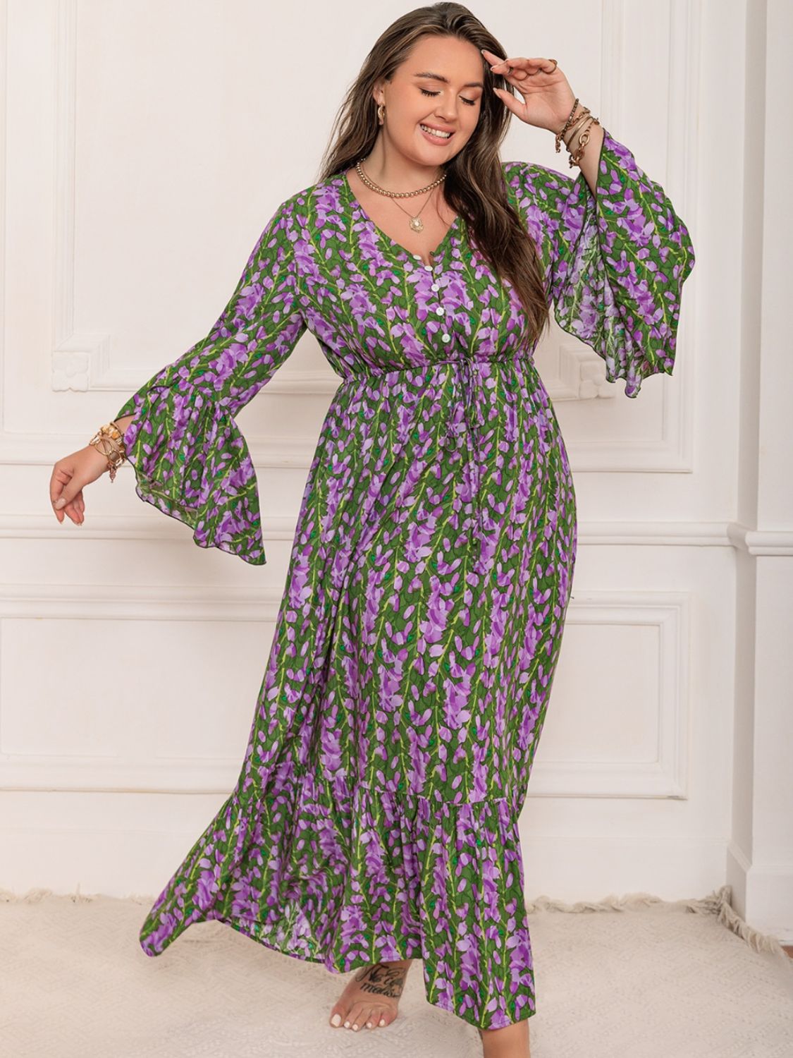 Plus Size Printed V-Neck Long Sleeve Maxi Dress - Classique Collection