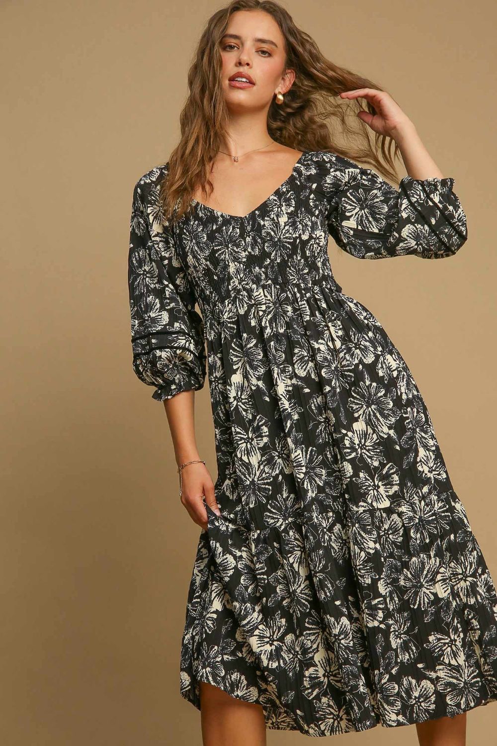 Umgee Ruffle Hem Flower Printed V-Neck Dress - Classique Collection