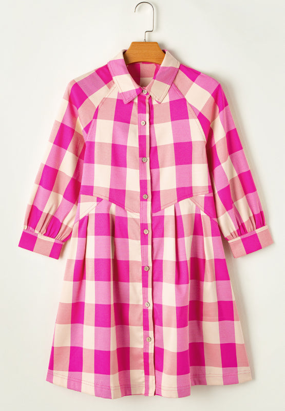Ruched Plaid Three-Quarter Sleeve Shirt Dress - Classique Collection
