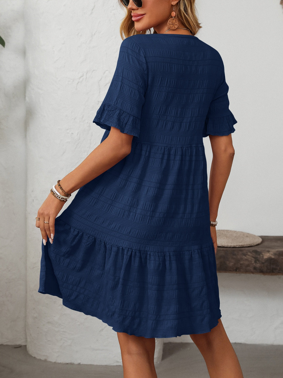 Mandy Ruffled Ruched Round Neck Half Sleeve Dress - Classique Collection