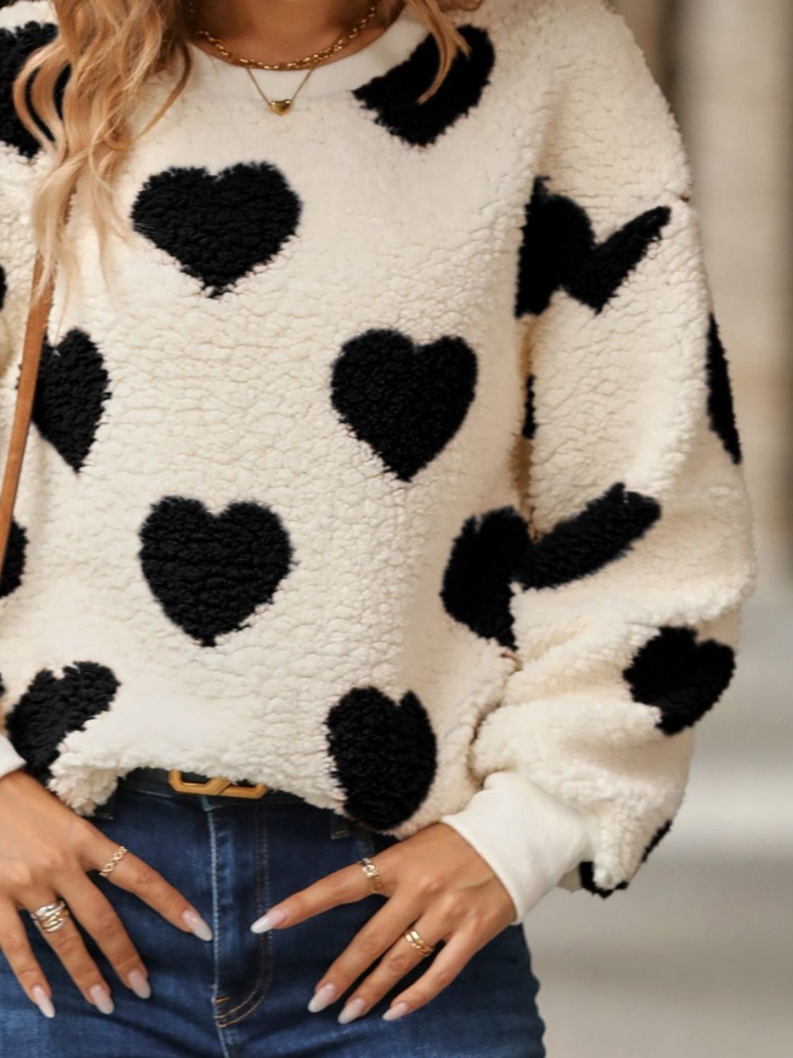 Fuzzy Heart Dropped Shoulder Sweatshirt - ClassiQ
