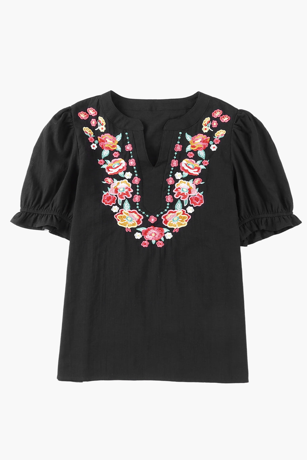 Embroidered Notched Neck Flounce Sleeve Top - Classique Collection
