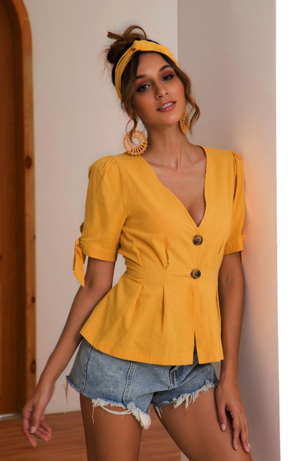 Buttoned V-Neck Short Sleeve Blouse - Classique Collection