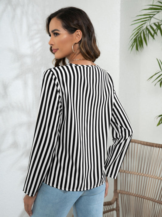 Striped Long Sleeve Notched Blouse - ClassiQ