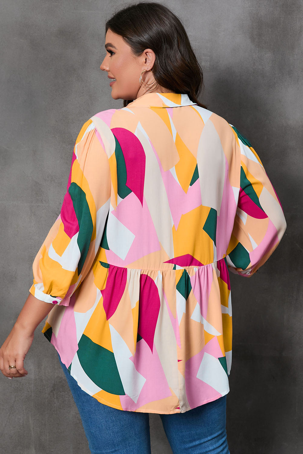 Plus Size Printed Collared Neck Half Button Top - Classique Collection