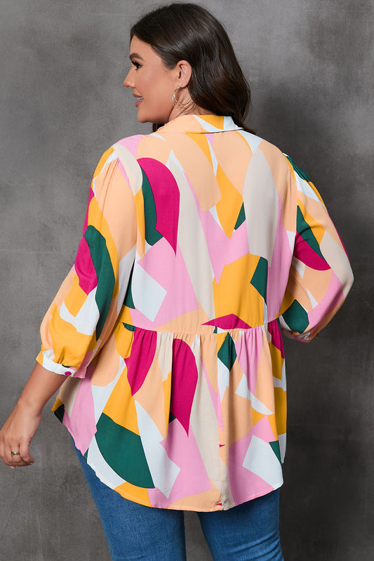 Plus Size Printed Collared Neck Half Button Top - Classique Collection