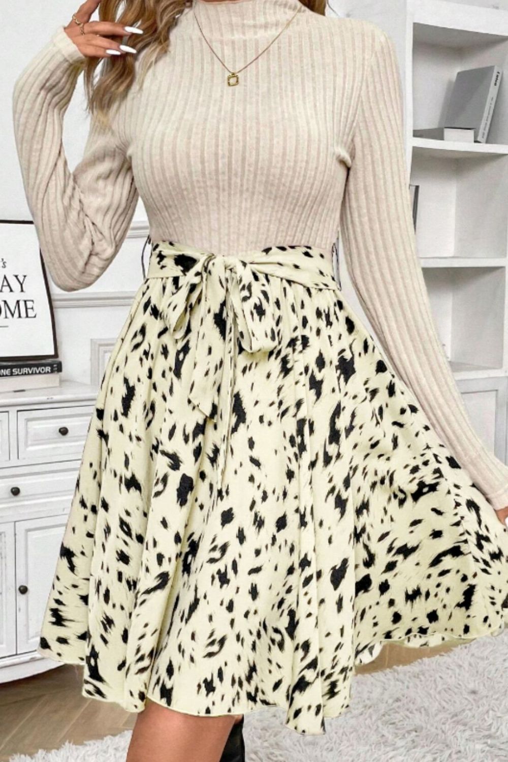 Printed Tie Waist Mock Neck Long Sleeve Dress - Classique Collection