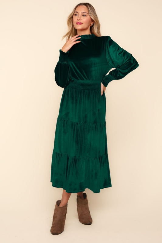 Haptics Mock Neck Smocked Waist Velvet Tiered Dress - Classique Collection