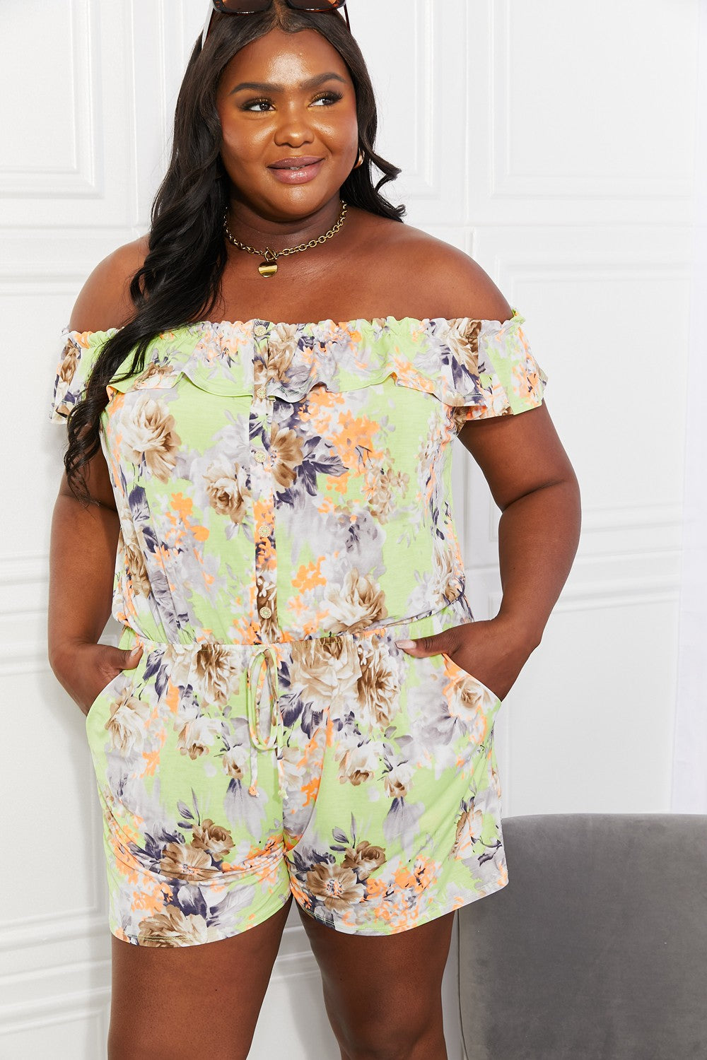 Sew In Love Full Size Pure Delight Floral Off-Shoulder Romper - ClassiQ