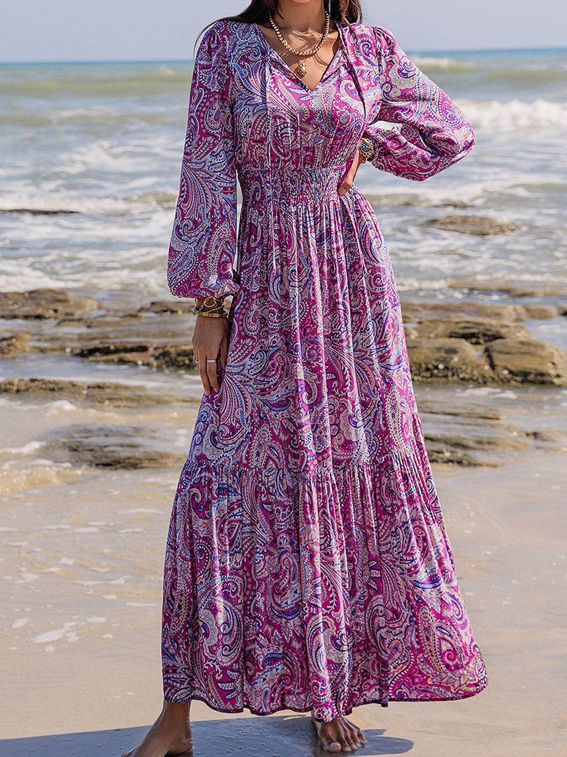 Printed Tie Neck Balloon Sleeve Maxi Dress - Classique Collection