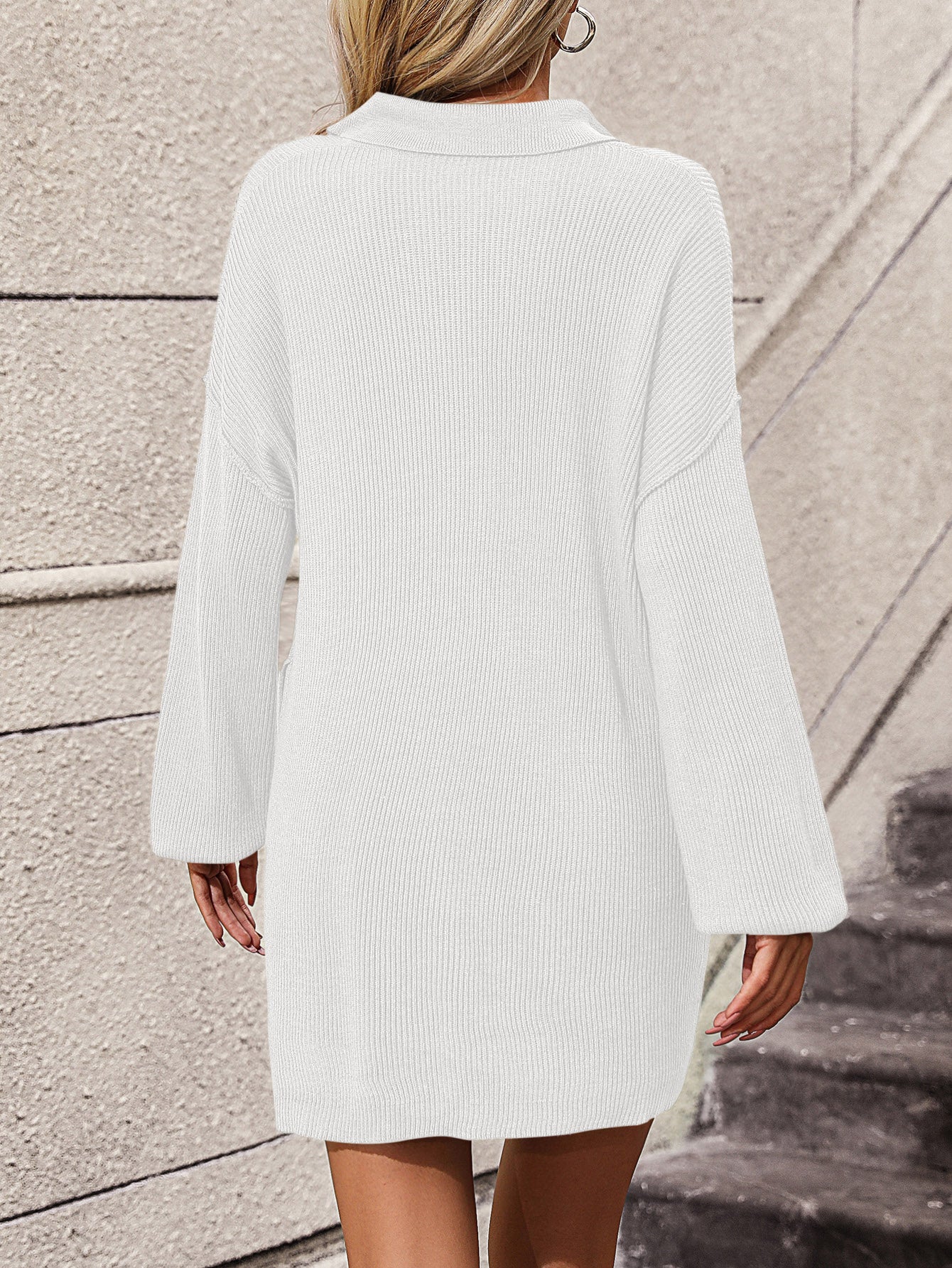 Collared Neck Long Sleeve Sweater Dress with Pockets - Classique Collection