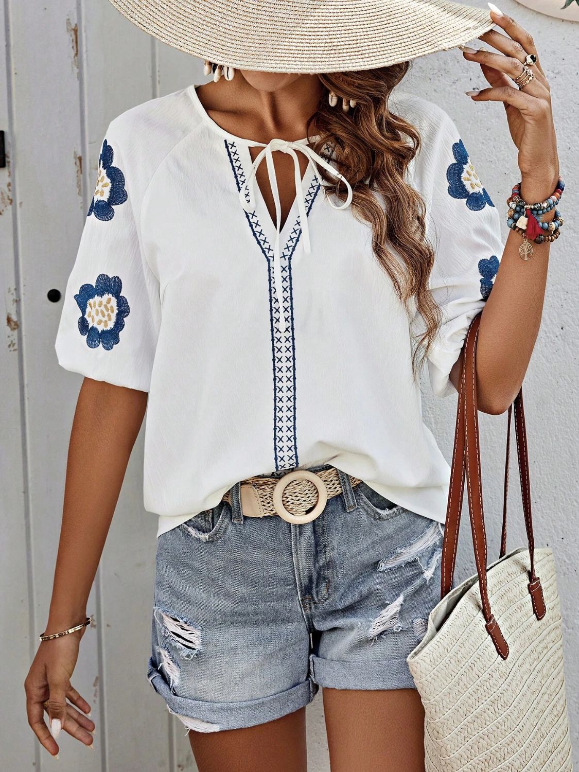 Embroidered Tie Neck Puff Sleeve Blouse - Classique Collection